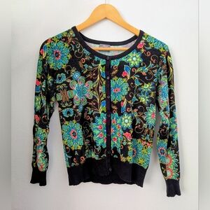 Vintage Black Cardigan with Pastel Multicolor Floral Print